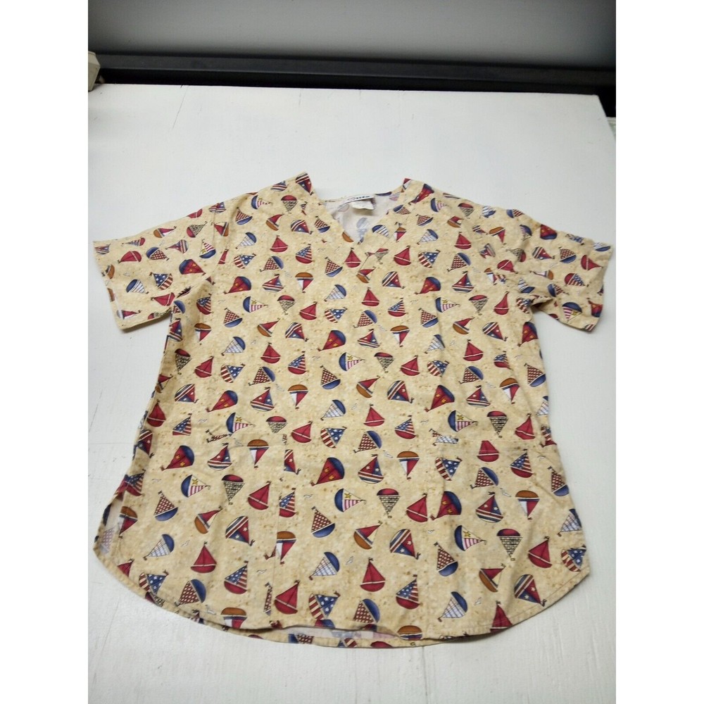 Apple Life Sailboat Pattern Scrub Top Size Medium Floral Made in USA